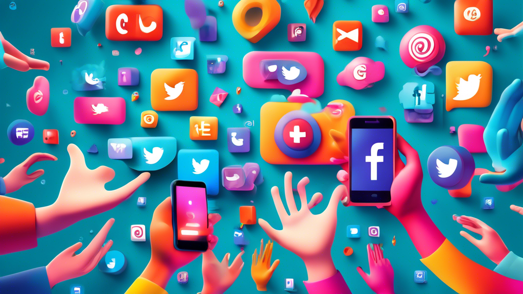 A digital illustration featuring a colorful array of stylized, eye-catching social media icons floating in a 3D space, with human hands reaching out from various directions to interact with them, symb