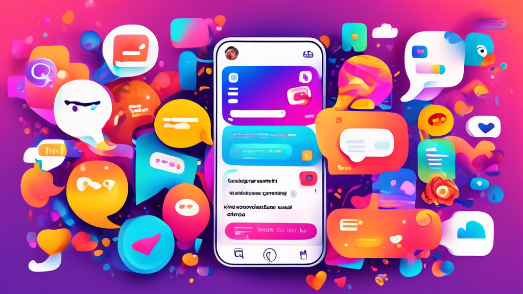 A digital illustration depicting a vibrant Instagram chat interface with an open direct message (DM) window, showcasing various creative message bubbles, emojis, and interactive elements like GIFs and