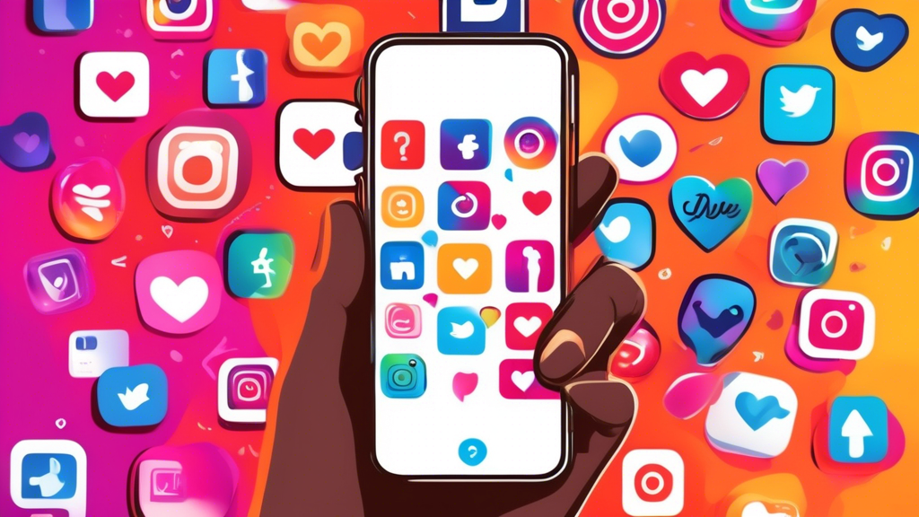 DALL-E Prompt: A hand holding a smartphone with an open Instagram app, displaying a vibrant and eye-catching message on the screen. The background is a colorful collage of various social media icons a
