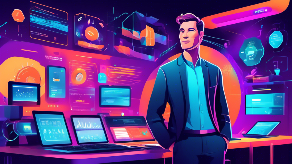 A digital illustration depicting a successful online business owner standing confidently in front of a vibrant, futuristic dashboard with the Kartra logo prominently displayed. The dashboard showcases
