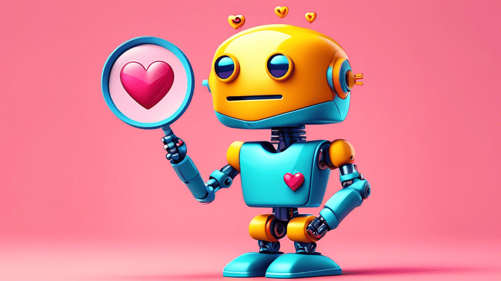 A robot with a magnifying glass examining a heart emoji