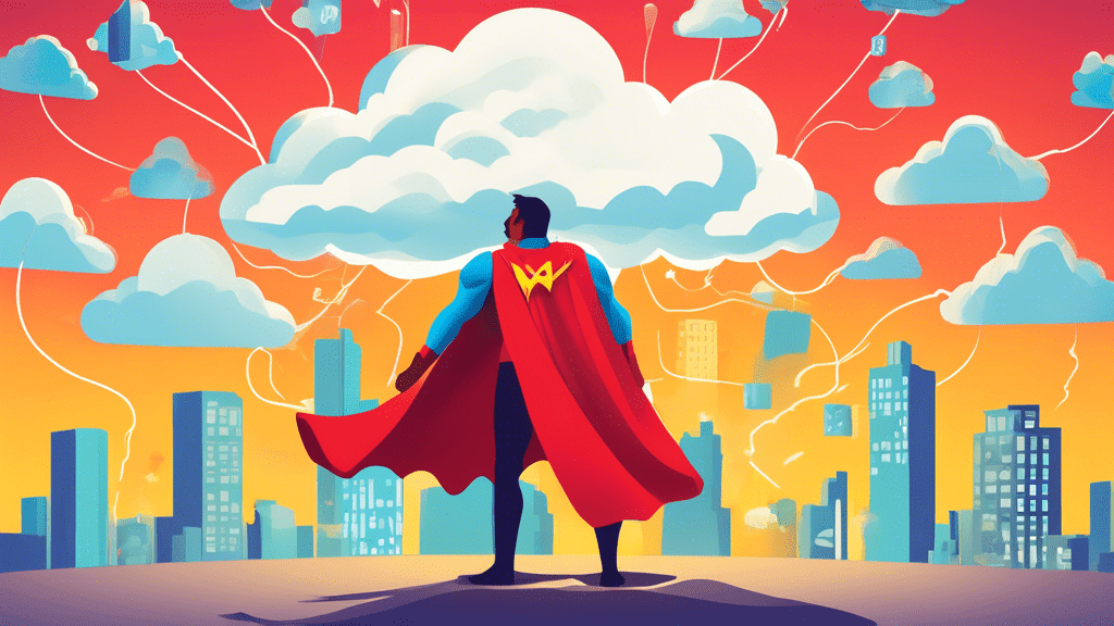 A server wearing a superhero cape, growing in size with cloud icons expanding behind it