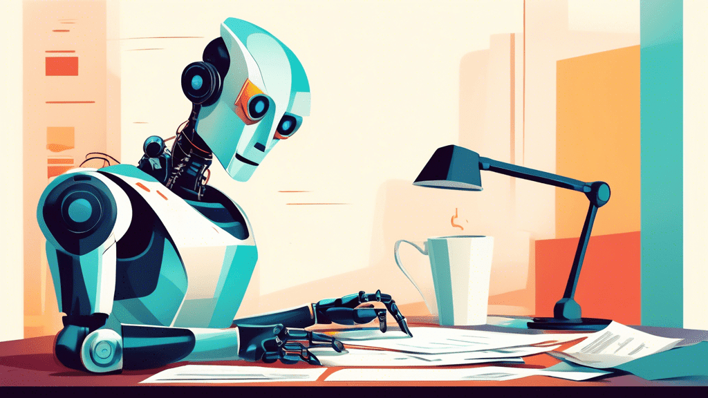 A sleek robot working at a desk, surrounded by papers and coffee, with a determined expression on its face