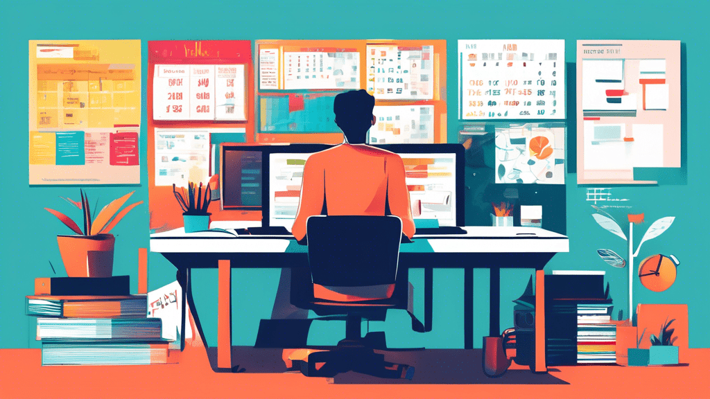 Prompt: A person working at a desk with multiple computer screens, surrounded by visual representations of productivity tools and strategies, such as a calendar, to-do list, flowchart, and clock, all