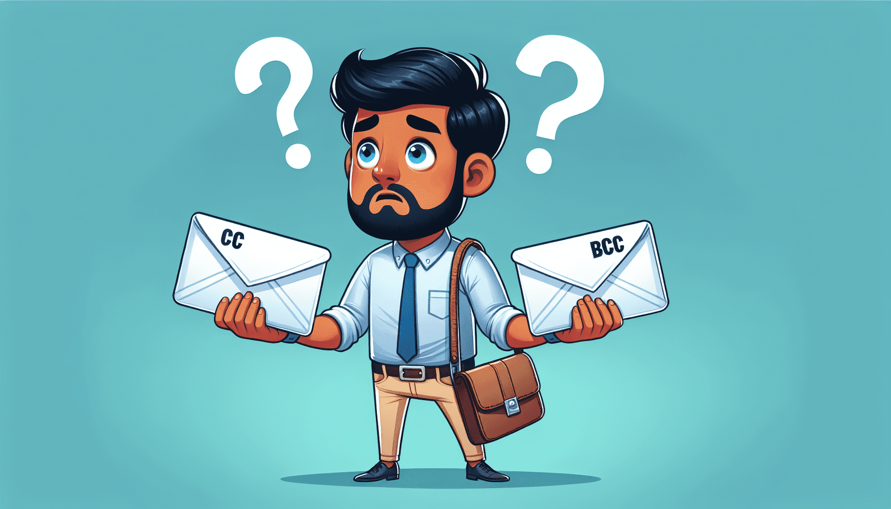 A confused cartoon businessman holding an envelope labelled CC in one hand and an envelope labelled BCC in the other, with question marks above his head