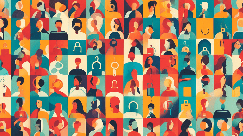 A split image with one side showing many people and the other side showing one person with a lock and key