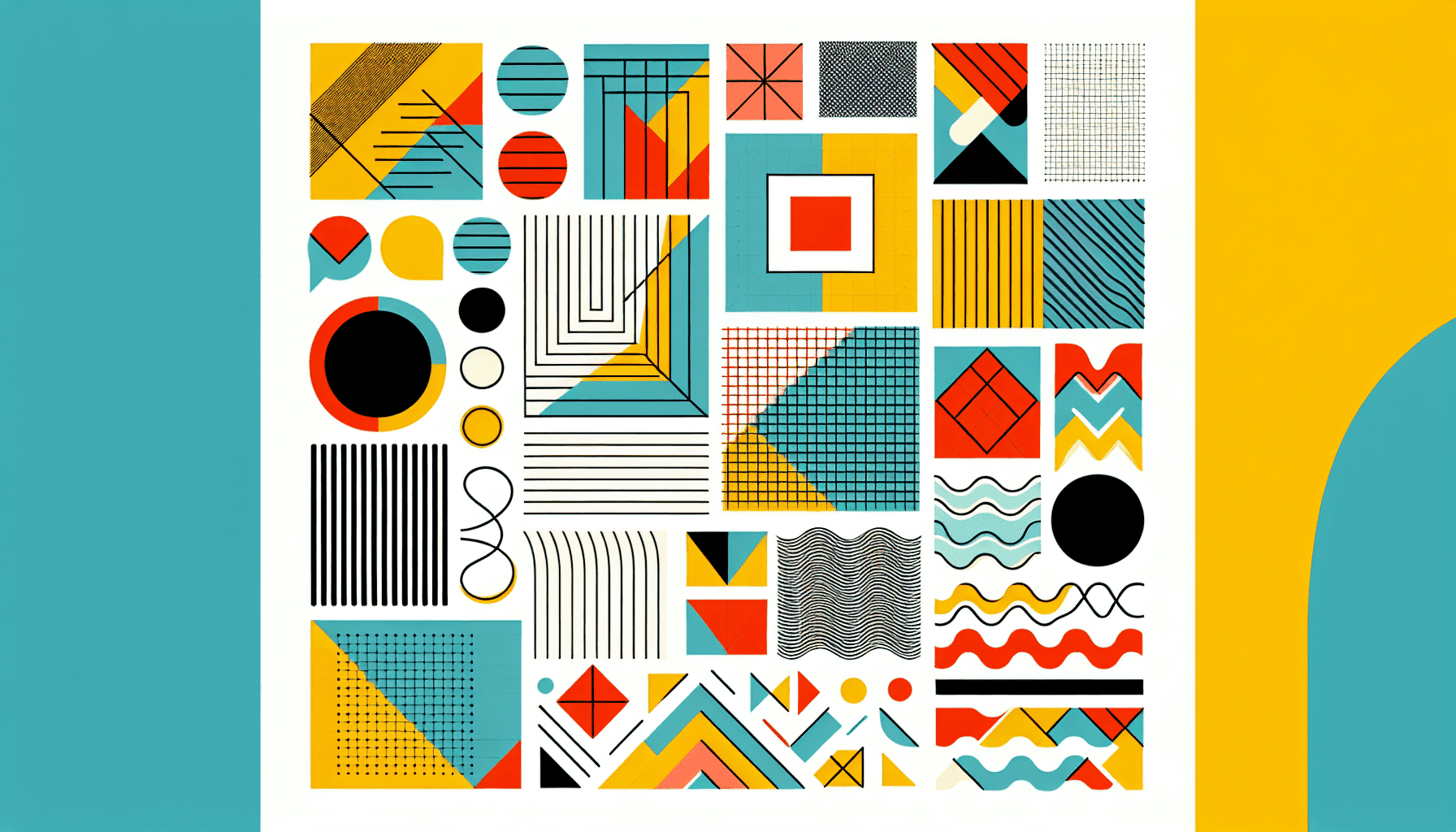 A vibrant collage of basic design elements like lines, shapes, and colors, arranged on a blank Canva canvas.