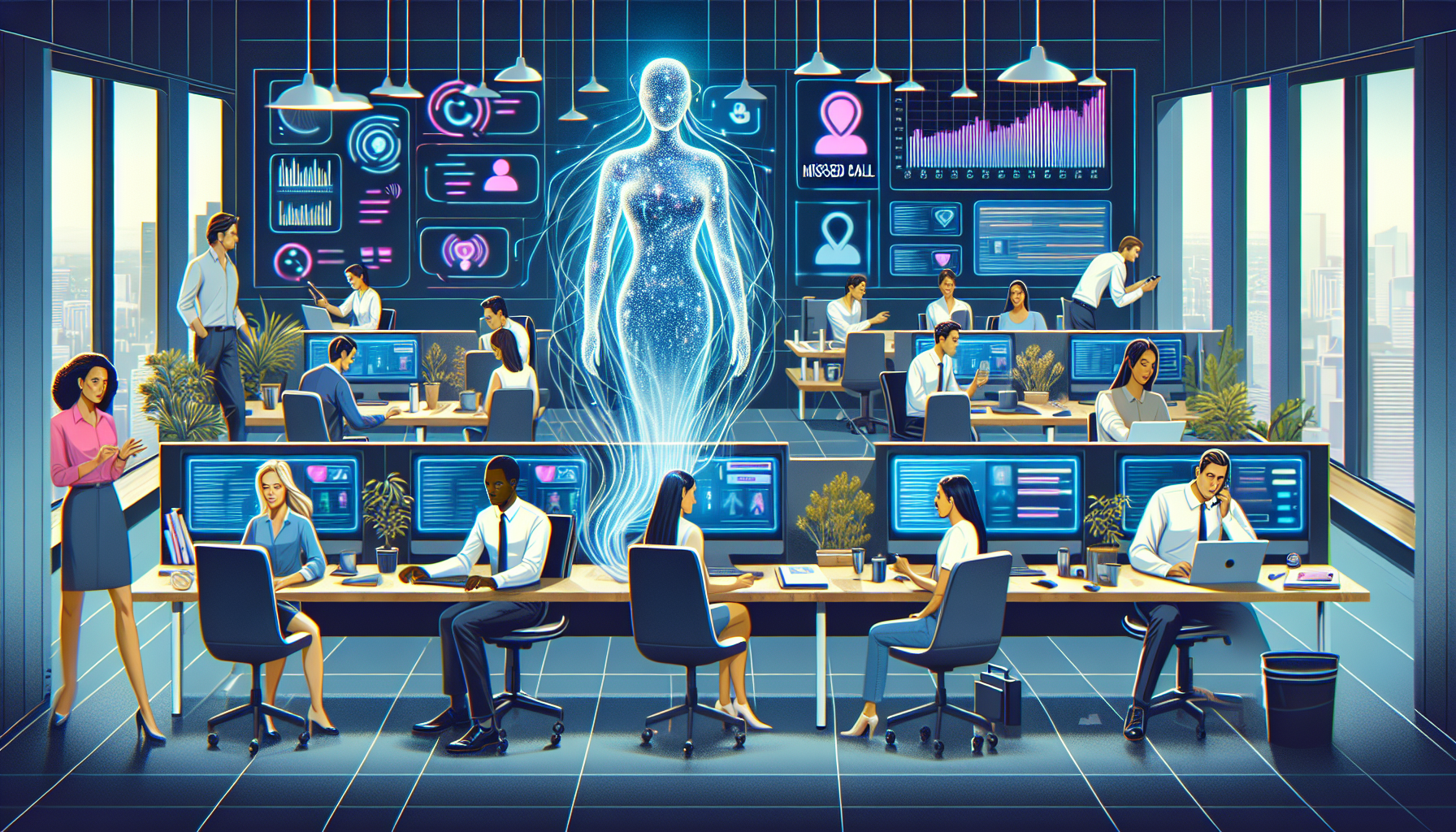 An illustrative scene showing a busy modern office space with diverse professionals working attentively at their desks; in the center, a large, colorful digital dashboard displays missed calls and rea