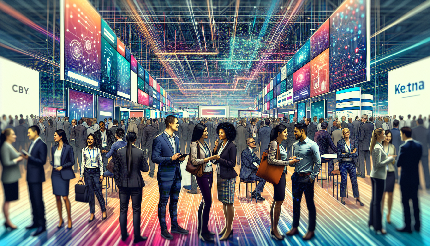 A digital collage illustrating a bustling tech expo, showcasing various futuristic business integration platform providers, each with a unique, colorful booth displaying high-tech solutions and divers