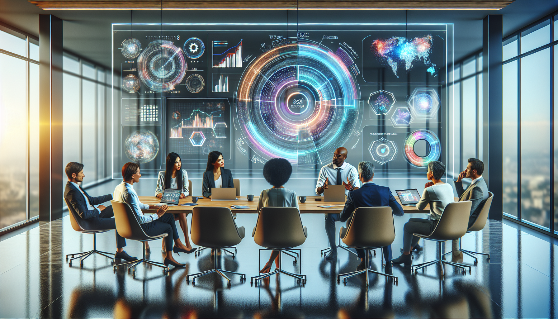 A bustling modern office scene with a diverse group of professionals gathered around a large, glowing holographic display showing graphs and analytics, with logos of top business optimization software
