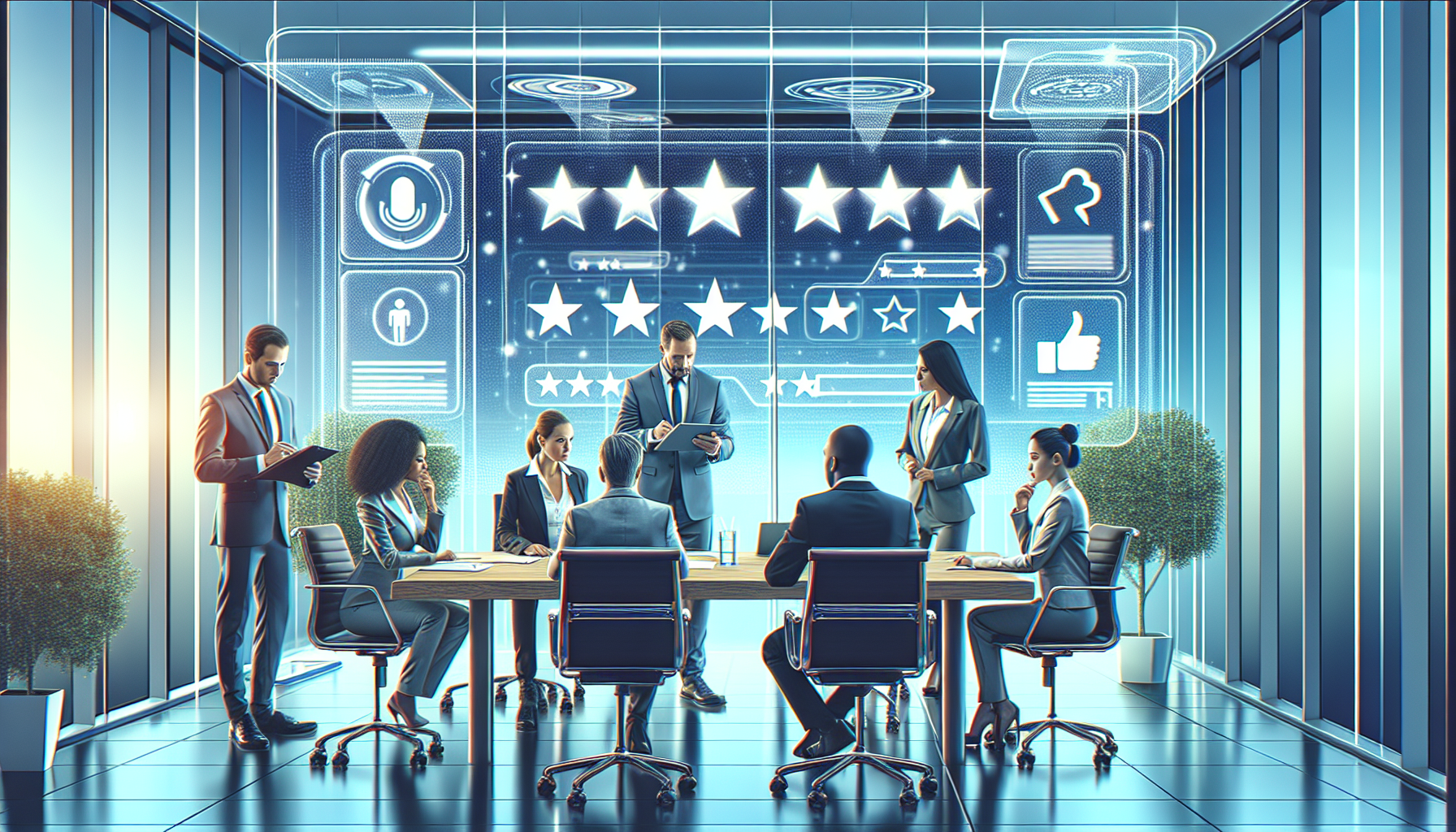 A digital painting of a modern office meeting room where a diverse group of business professionals is evaluating different digital screens displaying star ratings and customer reviews, with transparen