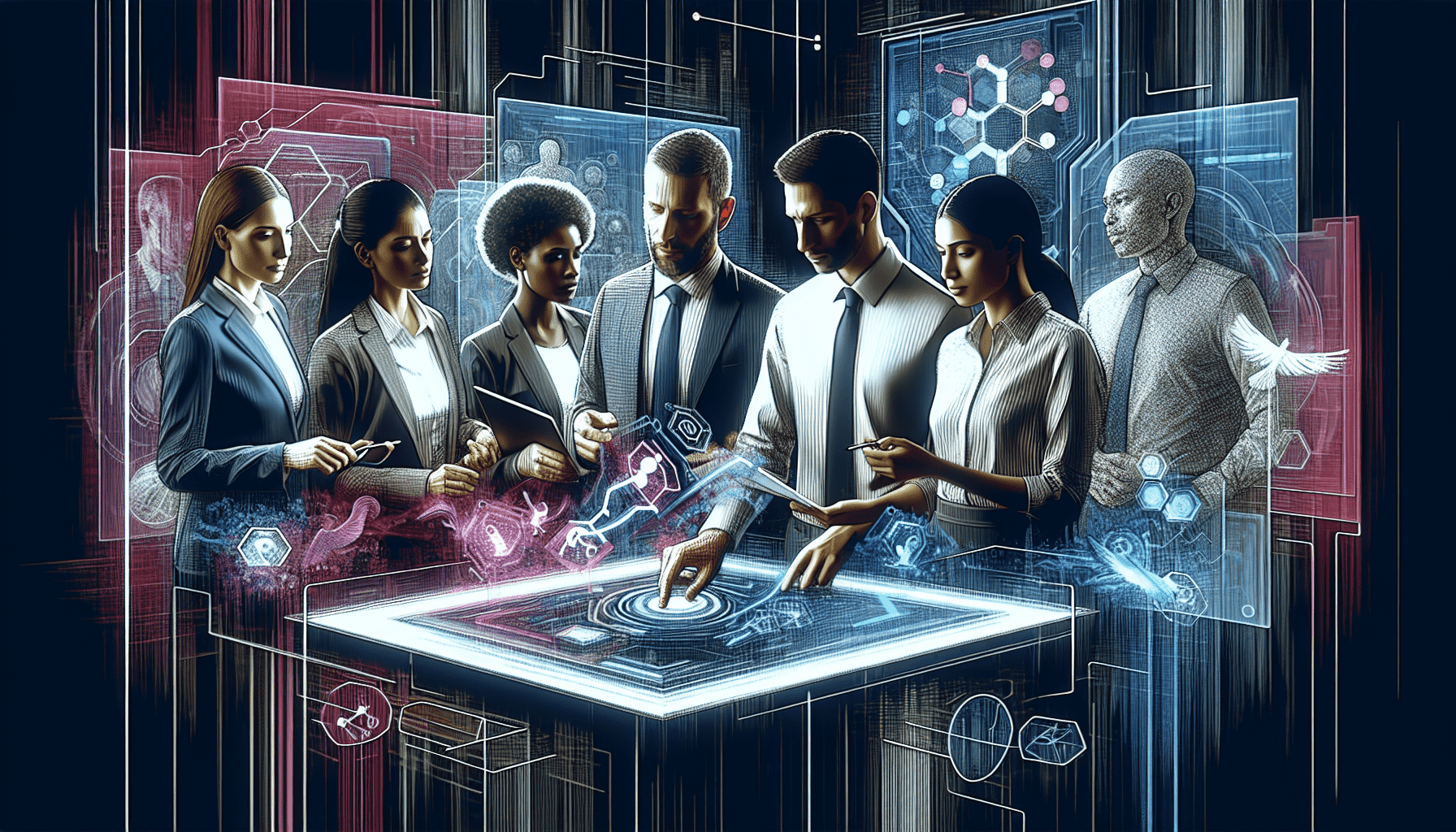 An intricate digital artwork depicting a diverse group of professionals gathered around a high-tech holographic display, collaboratively selecting tools from a floating, interactive interface showcasi