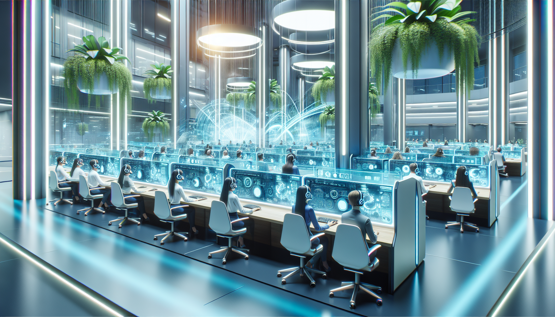 A futuristic customer service center with diverse agents wearing virtual reality headsets, interacting with digital interfaces displaying various analytics and customer feedback, in a sleek, modern of