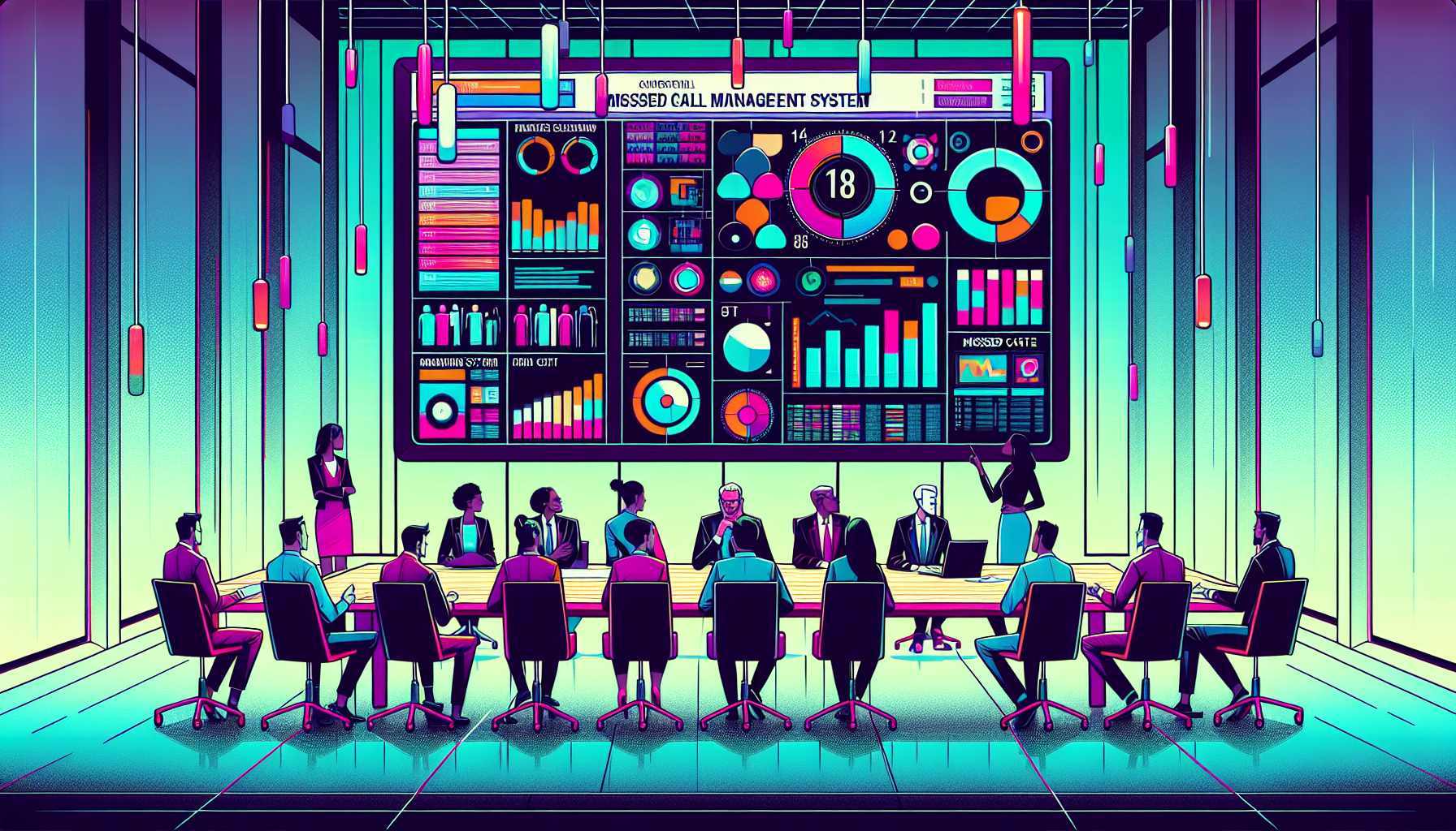 A visually engaging meeting room, with a high-tech missed call management system dashboard displayed on a large digital screen, surrounded by diverse, professional IT staff actively discussing and ana