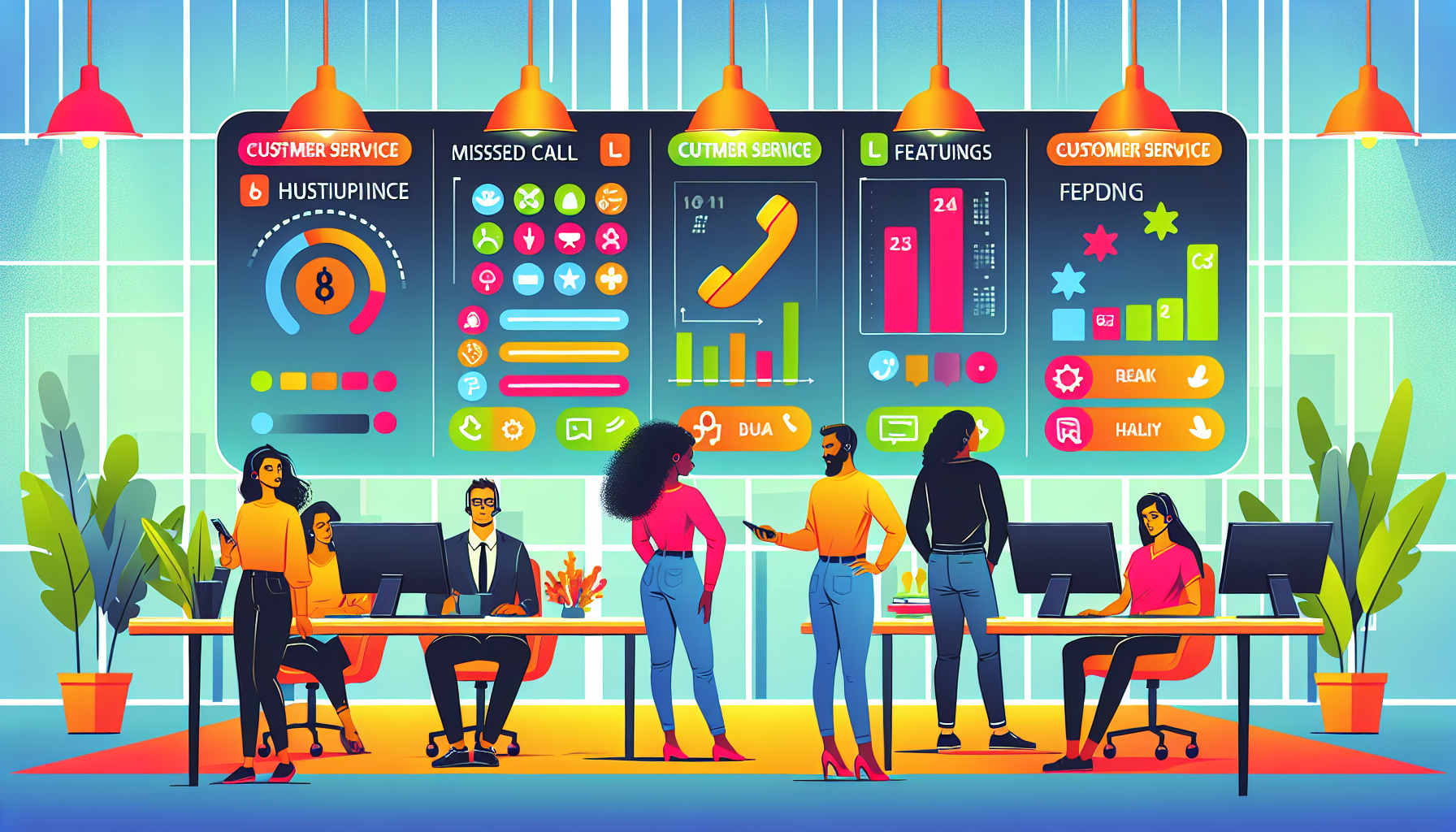 An illustrated scene of a bustling modern office with diverse employees evaluating different missed call solution providers displayed on large digital screens, highlighting various tech features and c
