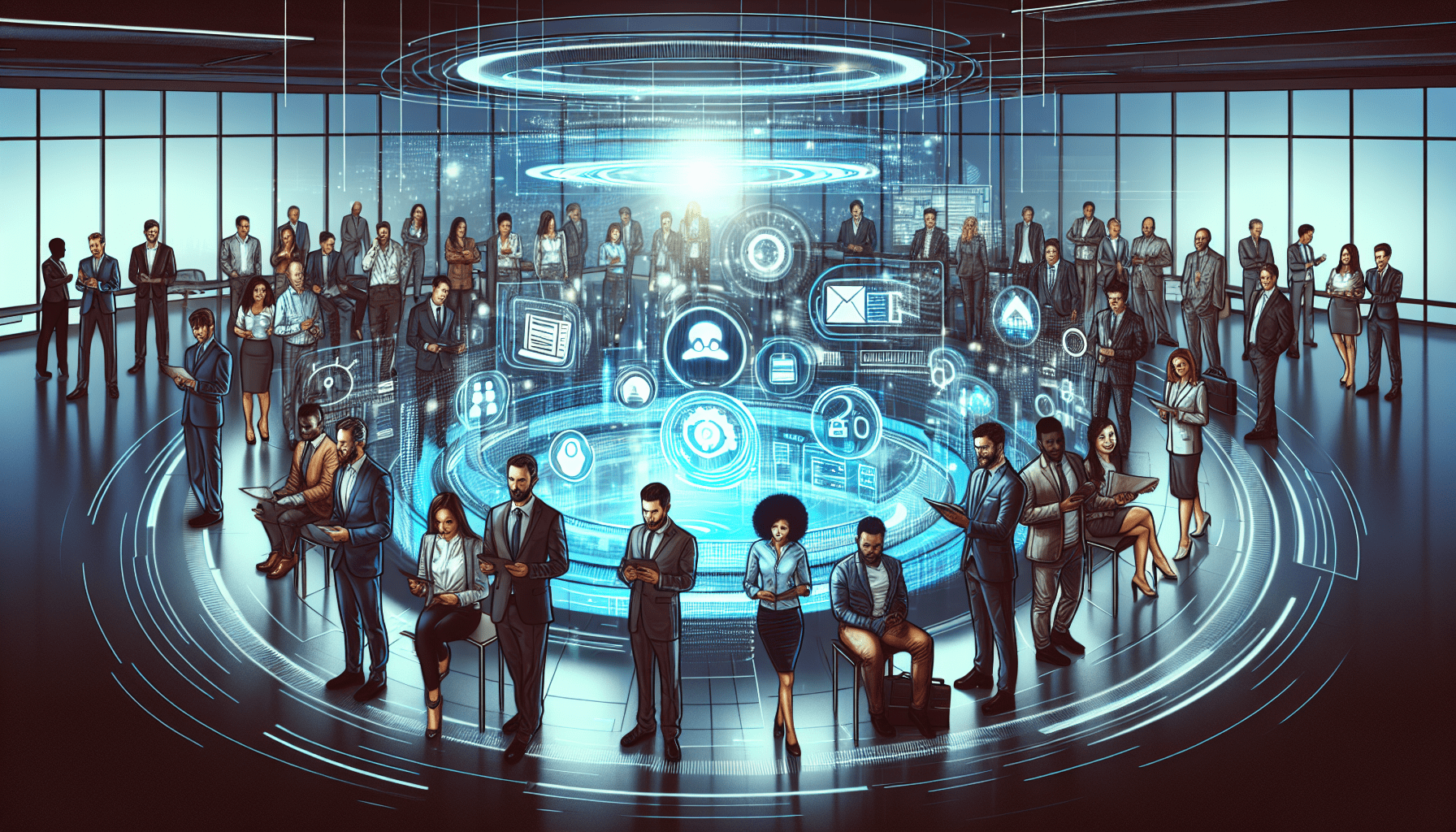 Digital illustration of a modern office space with diverse professionals gathered around a large holographic screen displaying various subscription management tools and comparing feature sets, showing
