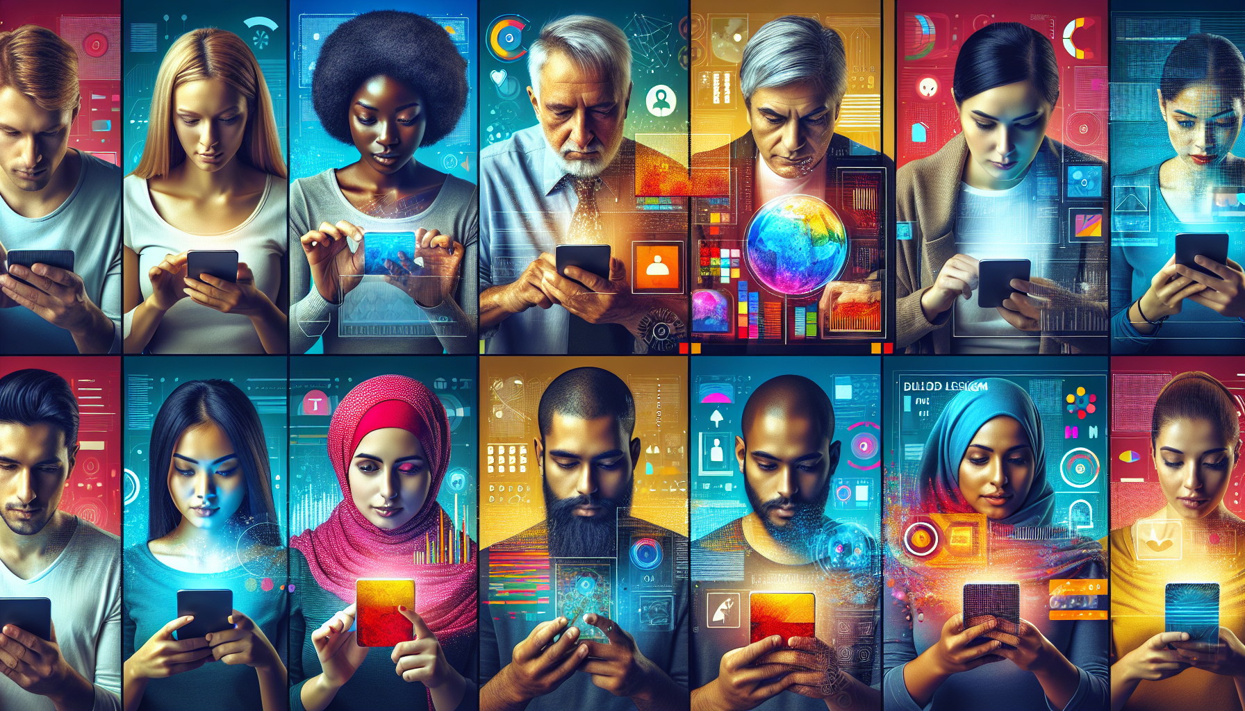 A digital collage illustrating a diverse group of people examining various screens displaying text alert system interfaces, each screen detailed with different features and services highlighted.