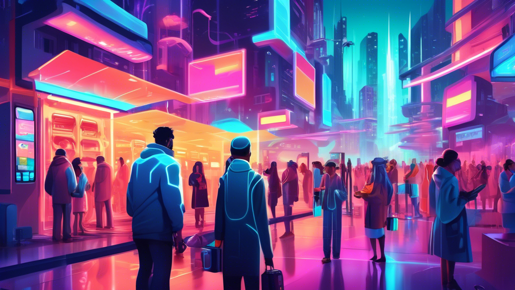 A futuristic cityscape with people using glowing phones to pay for items with a single tap. Buildings and transportation should reflect advanced technology.