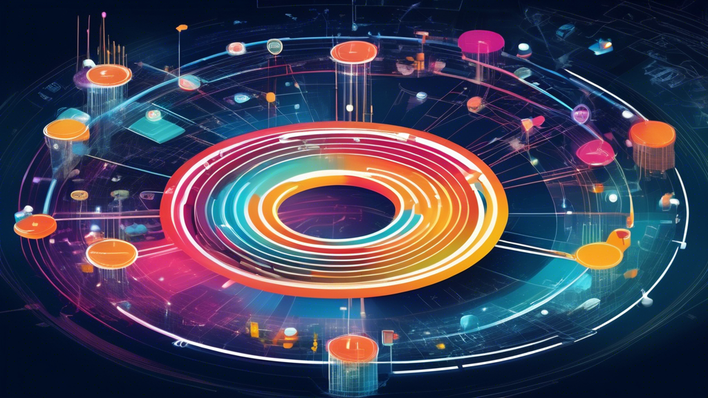 A futuristic infographic showing data from various sources flowing into a central hub, with customers at the center.