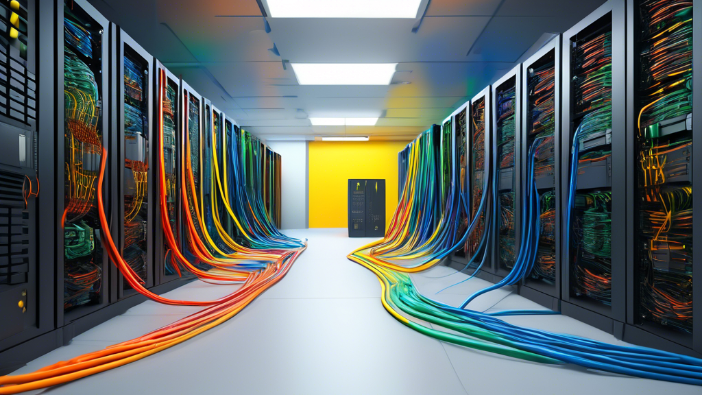 A server room with cables being dynamically plugged and unplugged, representing resource allocation.