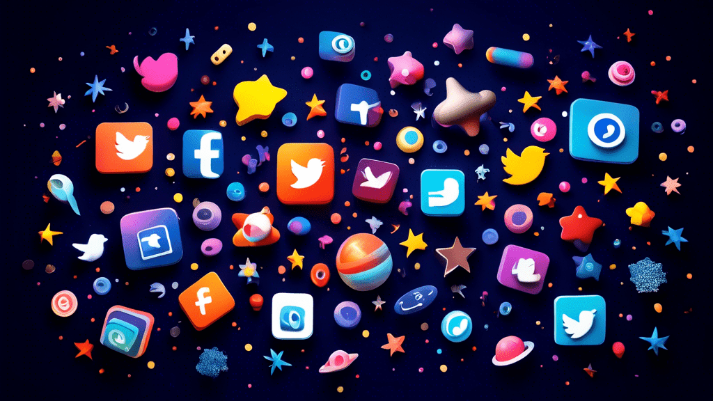 A 3D render of a variety of social media icons floating in space, surrounded by stars and galaxies.