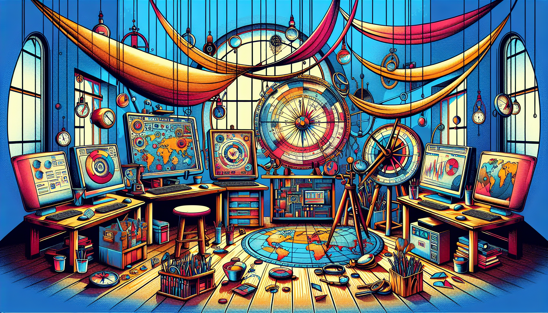 An artist's studio filled with vintage and modern gadgets, maps, compasses, magnifying glasses, and computers showing graphs and analytics, all under a large sign that reads 'SEO and Digital Marketing