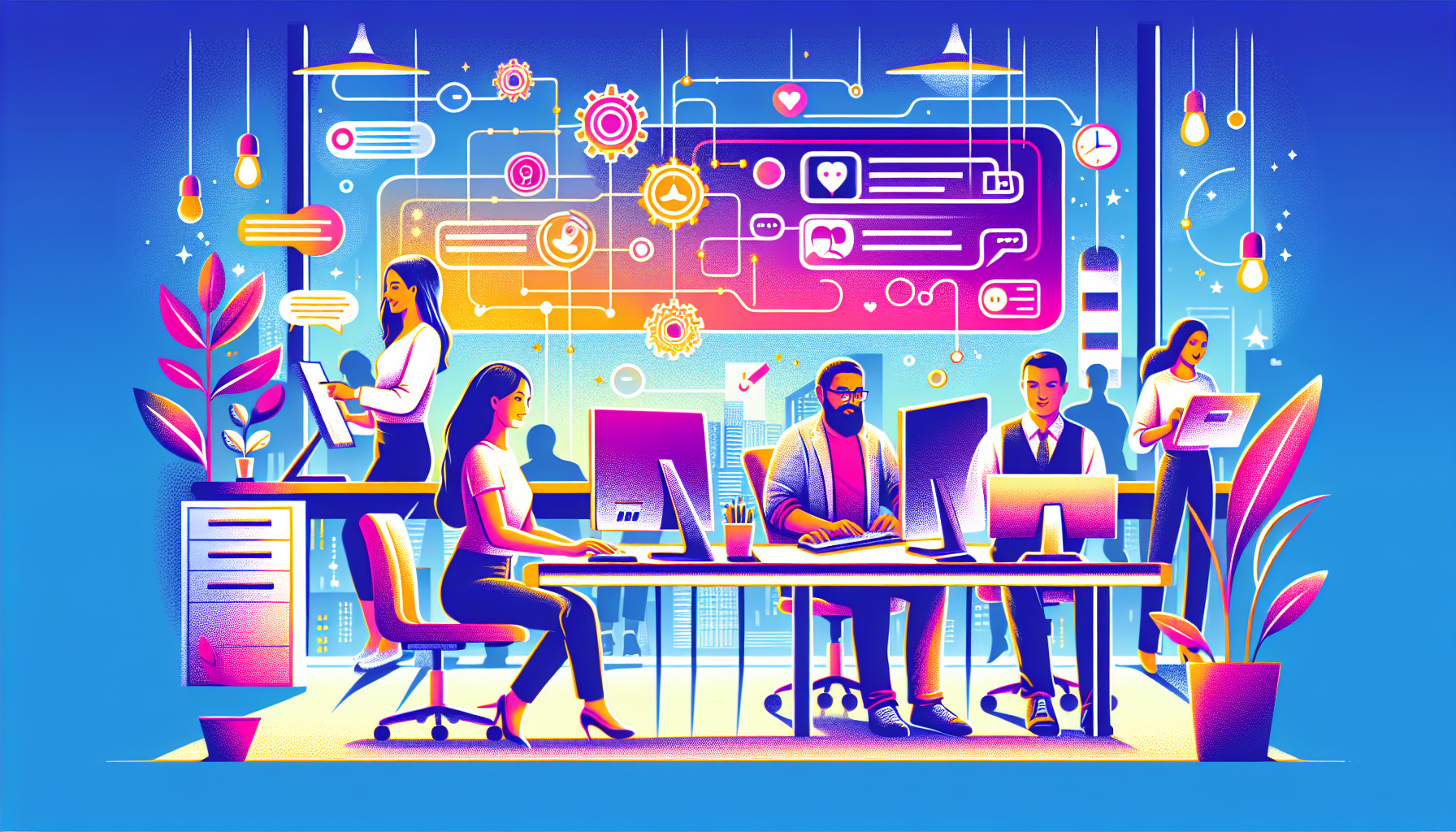 An animated digital workshop illustrating diverse people using advanced software tools on computers to manage and respond to online customer reviews efficiently, set in a modern, bustling office envir