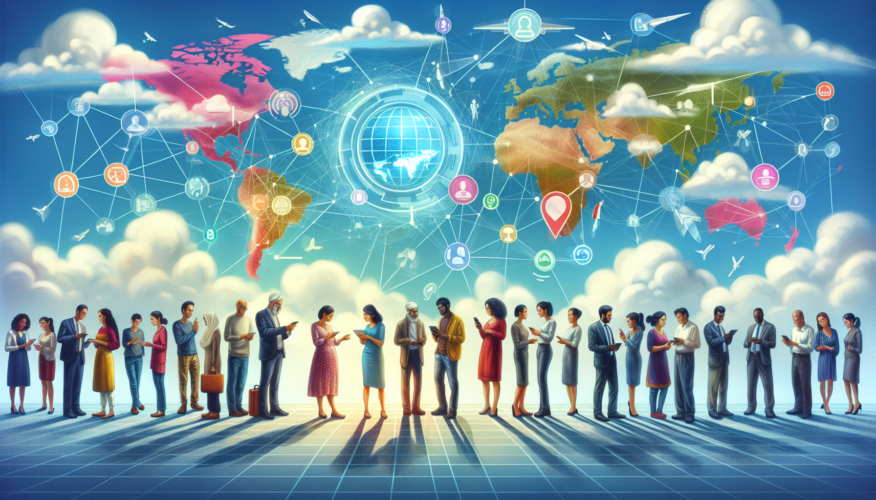 Digital painting of diverse people communicating across the world through holographic mobile devices, highlighting a network of satellites and connection lines in the sky, with the logo of a mobile co