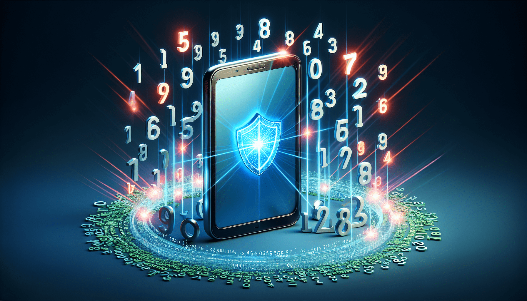 A smartphone with a glowing shield around it, next to a phone number with scrambled digits.