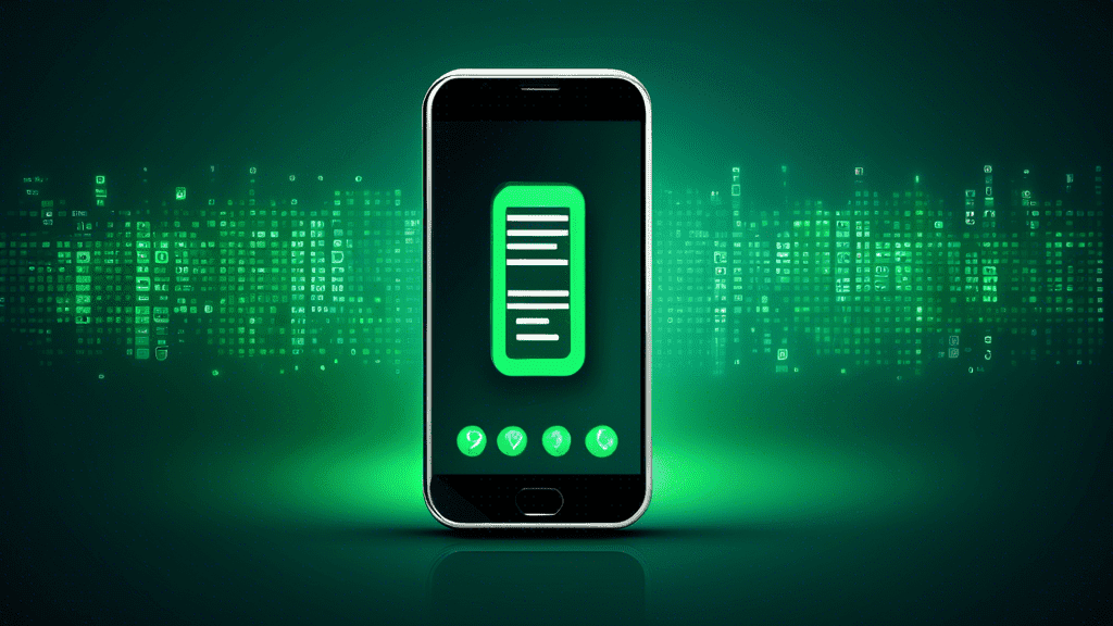 DALL-E Prompt: A modern smartphone displaying a list of phone numbers on its screen, with a green check mark icon next to each number, set against a futuristic digital background with binary code and