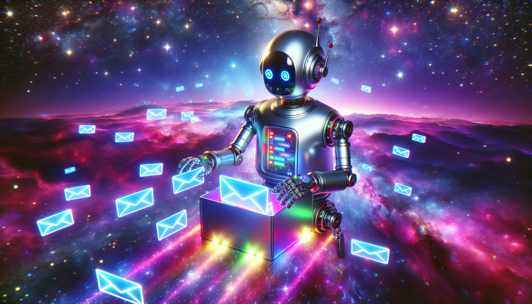 A friendly robot organizing emails in outer space
