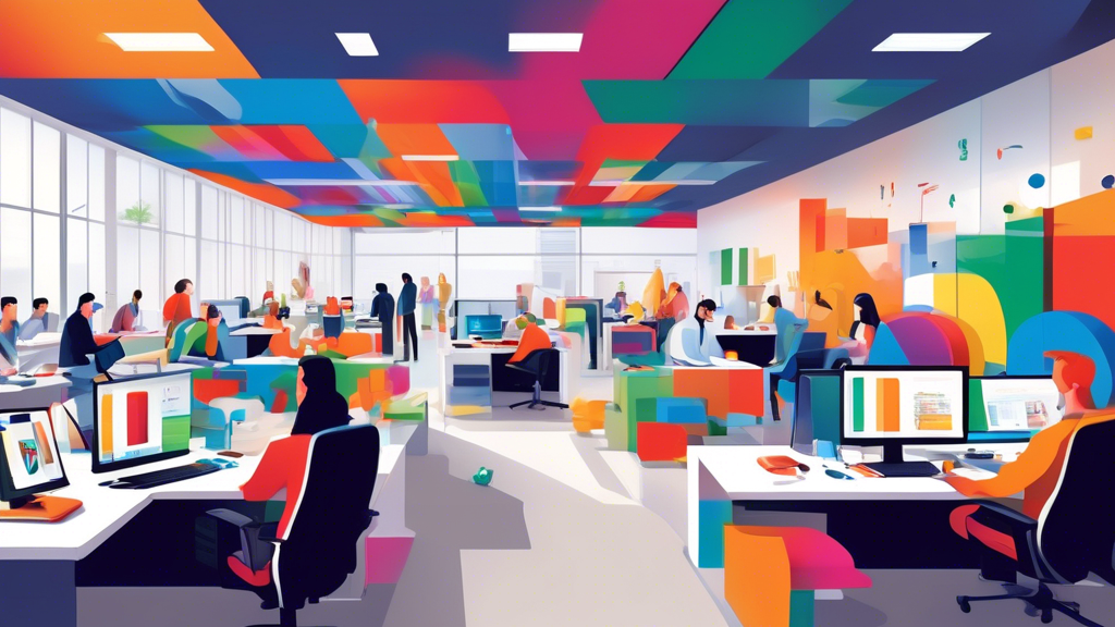 DALL-E Prompt: A sleek, modern office interior with a large, colorful Google logo on the wall, surrounded by busy employees working on computers and collaborating on various projects, symbolizing Goog