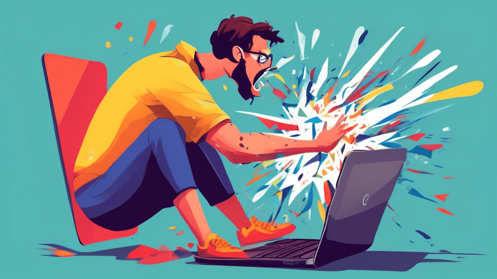 A frustrated person smashing a laptop that has a Google search page on the screen