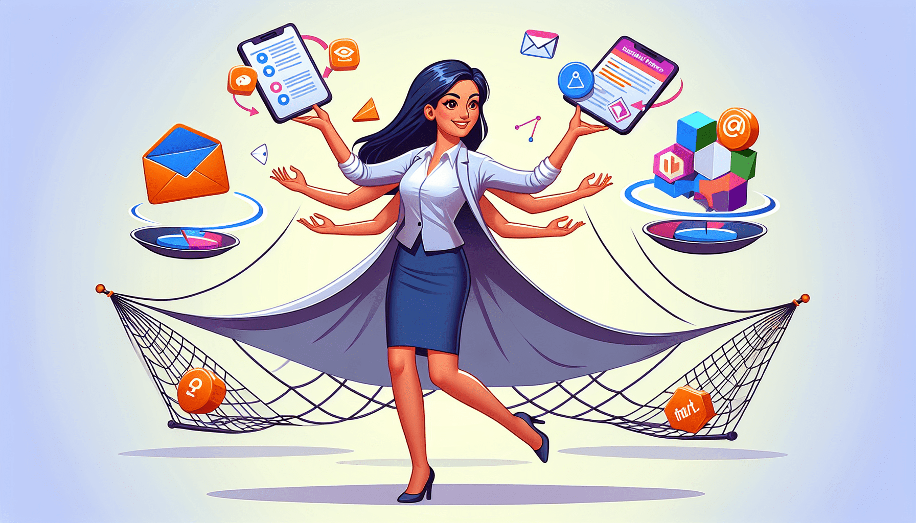 A businesswoman juggling marketing tools like email, funnels, and websites, with Kartra as a safety net below.