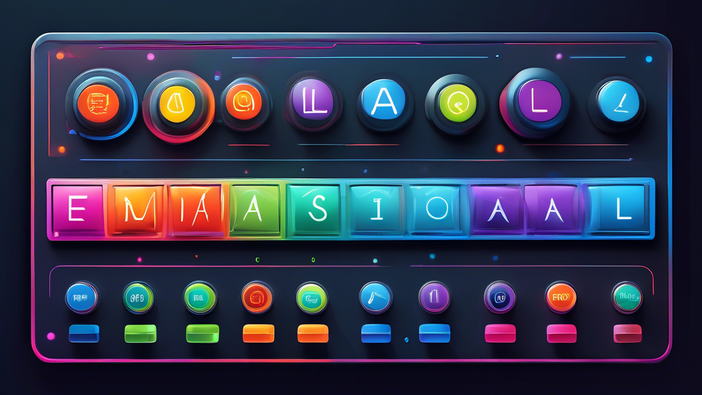 A sleek, futuristic control panel with buttons and levers that represent different digital marketing tools, labeled with words like email, sales, pages, and leads.