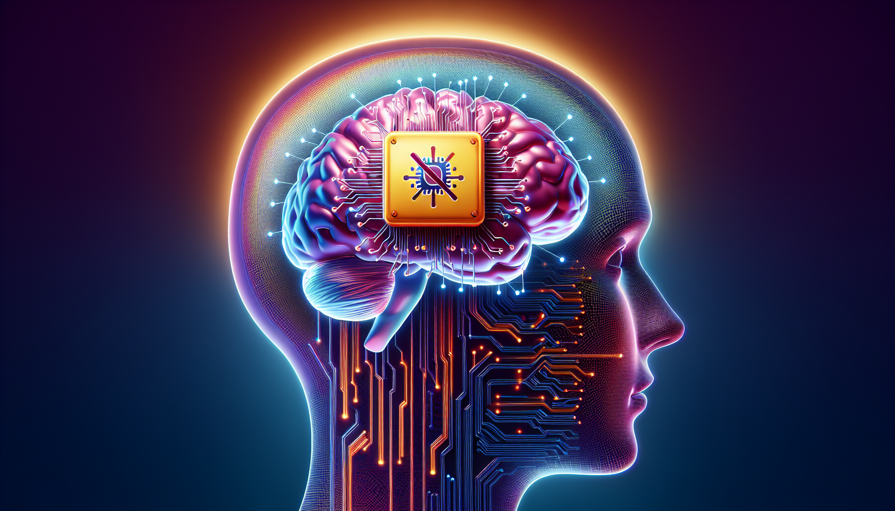 A photorealistic image of a brain with a non-maskable interrupt symbol flashing within a thought bubble above it.