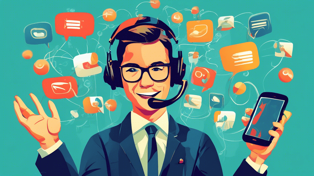 A customer support agent juggling multiple communication channels like phone, email, chat, and social media, with a calm and helpful expression.