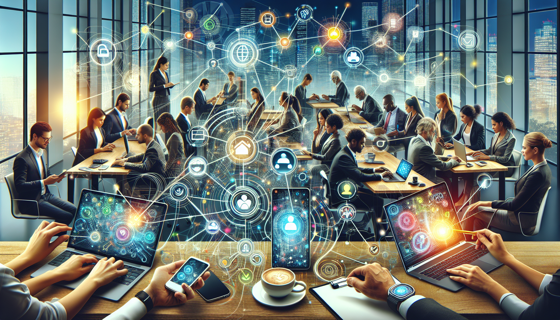 An illustrative digital workspace featuring a variety of modern technological tools like smartphones, smartwatches, laptops, and tablets, all connected with glowing lines symbolizing uninterrupted con