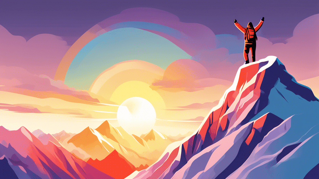 A lone climber reaches the summit of a snow-capped mountain, arms raised in victory as the sun rises behind them.