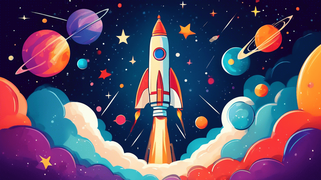 A rocketship launching into space with the HighLevel logo on it, surrounded by stars and planets