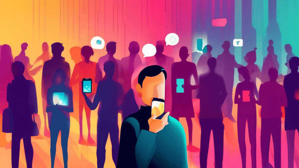 DALL-E prompt: A person holding a smartphone with missed call notifications on the screen, standing against a blurred background filled with silhouettes of people trying to reach out to them.