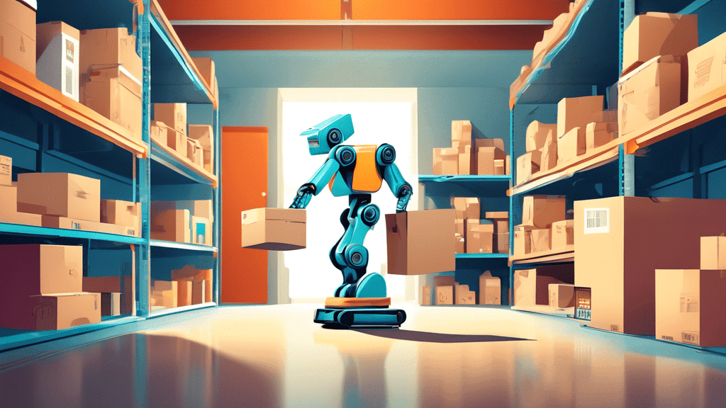 A robot arm carefully placing a package into a delivery box, surrounded by shelves of products in a warehouse.