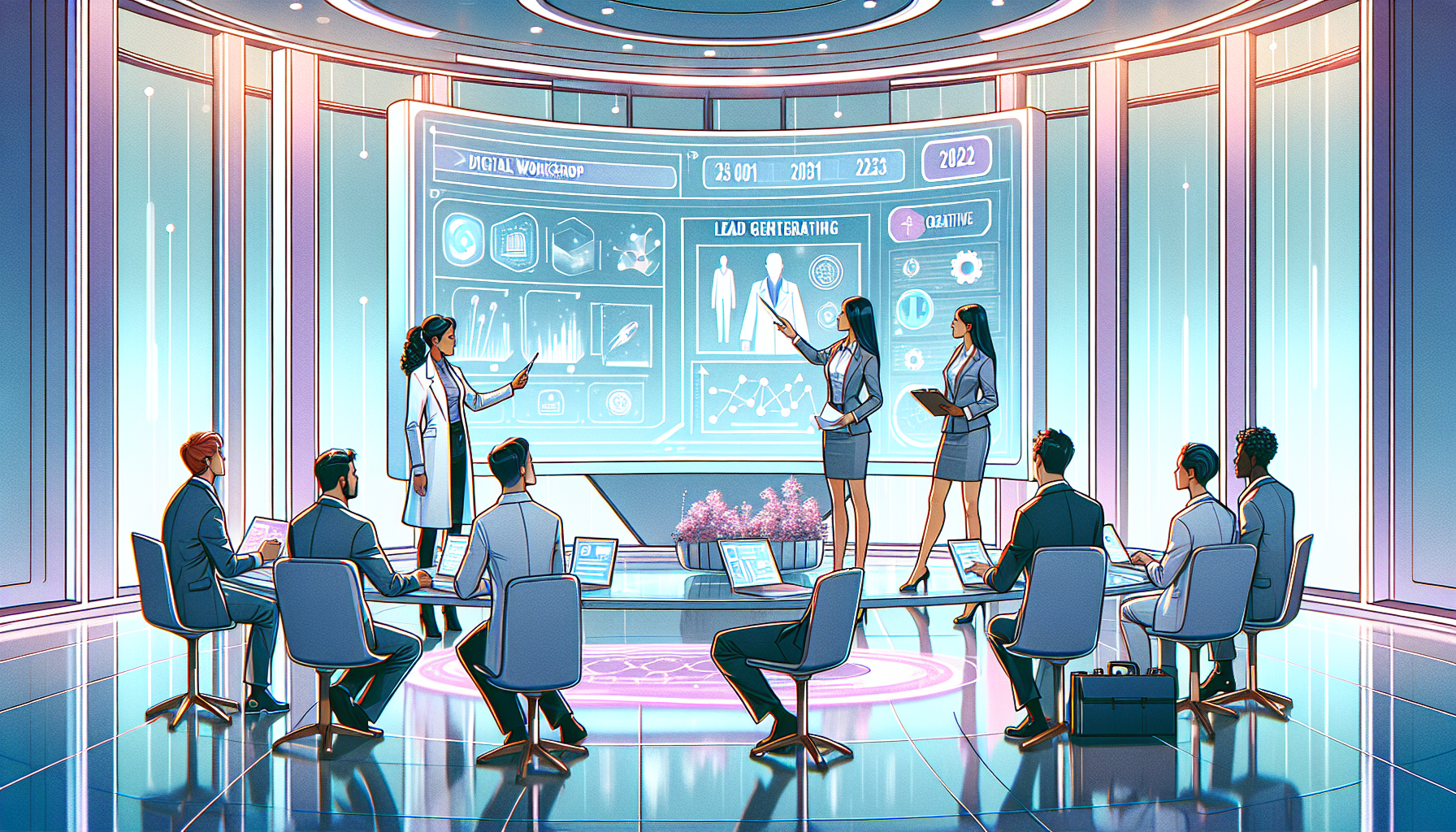 An illustrated digital workshop depicting a diverse group of professionals from various industries engaging with the latest lead generation tools on high-tech screens, set in a futuristic conference r