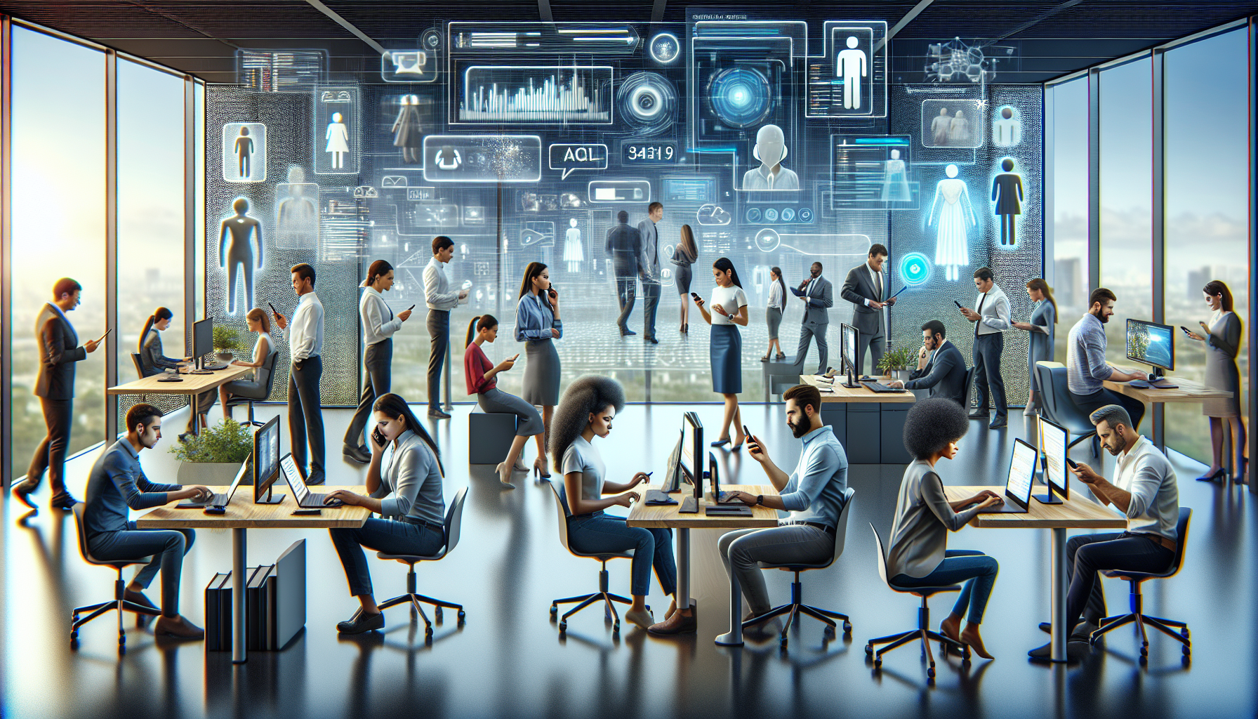 An ultra-modern office filled with diverse employees using advanced AI technology on smartphones and computers to manage and prevent missed calls, with visualizations of call logs and communication so