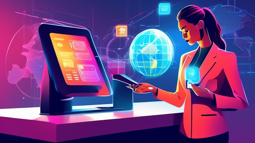 A businesswoman securely swiping a credit card through a futuristic point-of-sale system, with a holographic globe and digital padlock hovering above, representing online payment authorization.