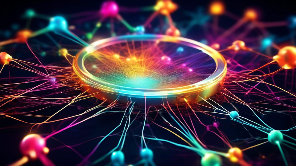 A magnifying glass hovering over a network of interconnected glowing nodes, revealing colorful process flows within.