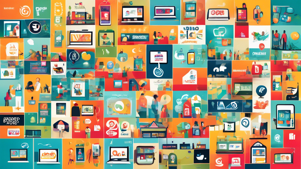 A digital mosaic featuring local business storefronts, each displaying various digital marketing elements such as social media icons, customer reviews, and online advertising, with the Vendasta logo a