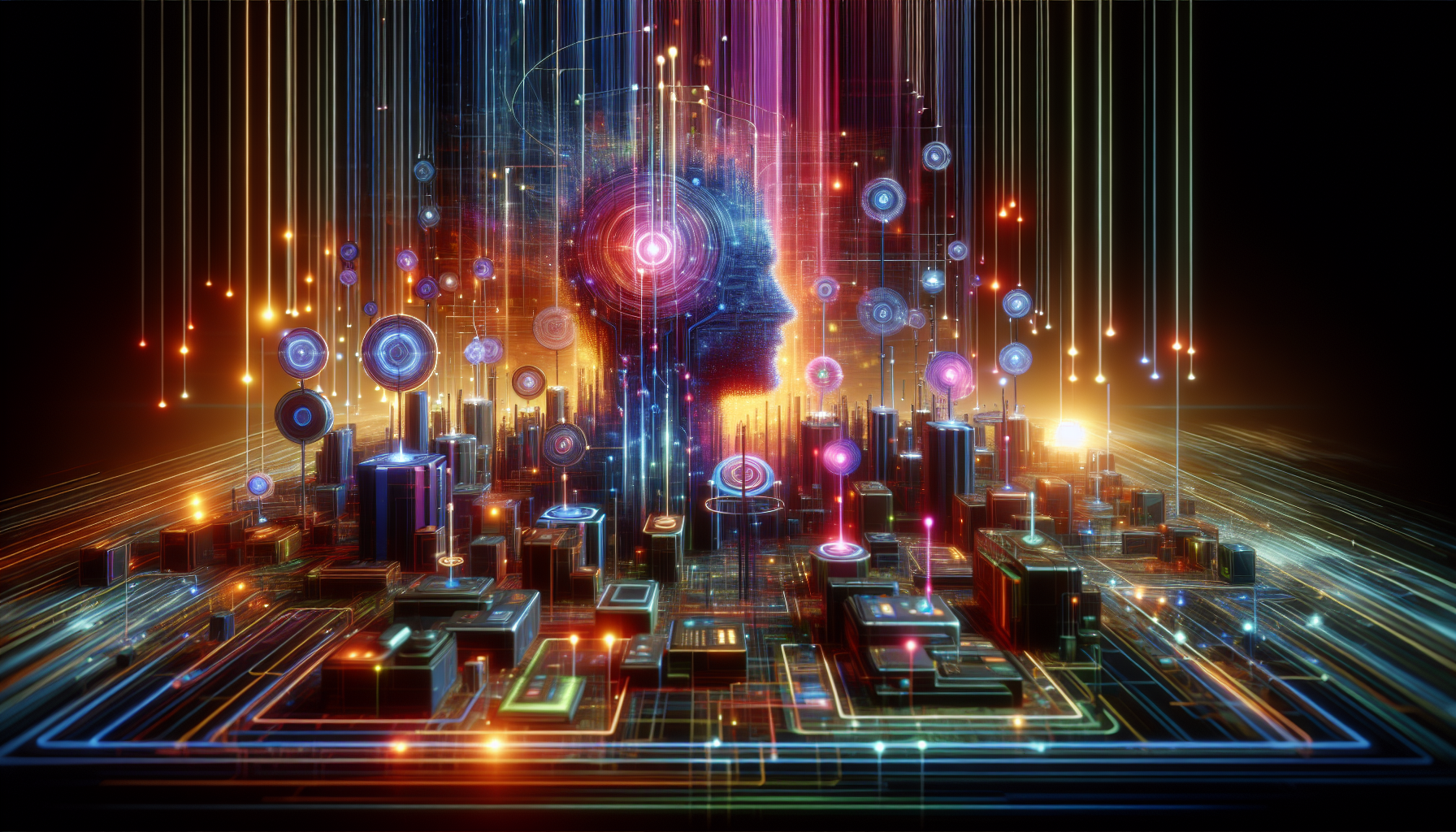 A bustling network of interconnected devices and glowing data streams, representing a platform connecting various partners.