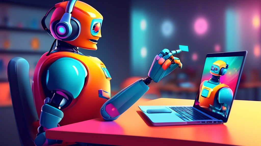 A friendly robot wearing a headset helps a customer on a laptop screen