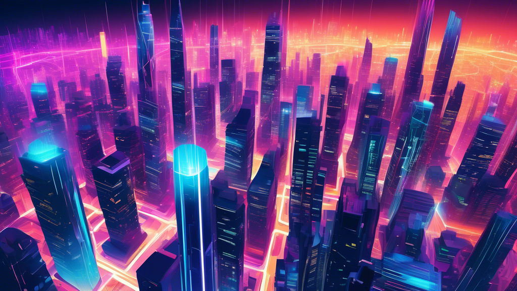 DALL-E Prompt:nA futuristic cityscape with towering skyscrapers, each building illuminated with glowing digital information and connected by a web of light beams, representing the flow of data managed